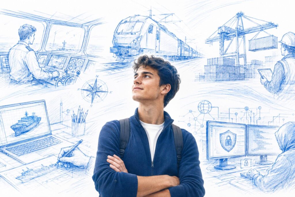 ragazzo che immagine il proprio futuro, tra uno dei corsi proposti da accademia nautica dell'Adriatico. foto generata con il supporto dell'intelligenza artificiale