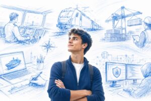 ragazzo che immagine il proprio futuro, tra uno dei corsi proposti da accademia nautica dell'Adriatico. foto generata con il supporto dell'intelligenza artificiale