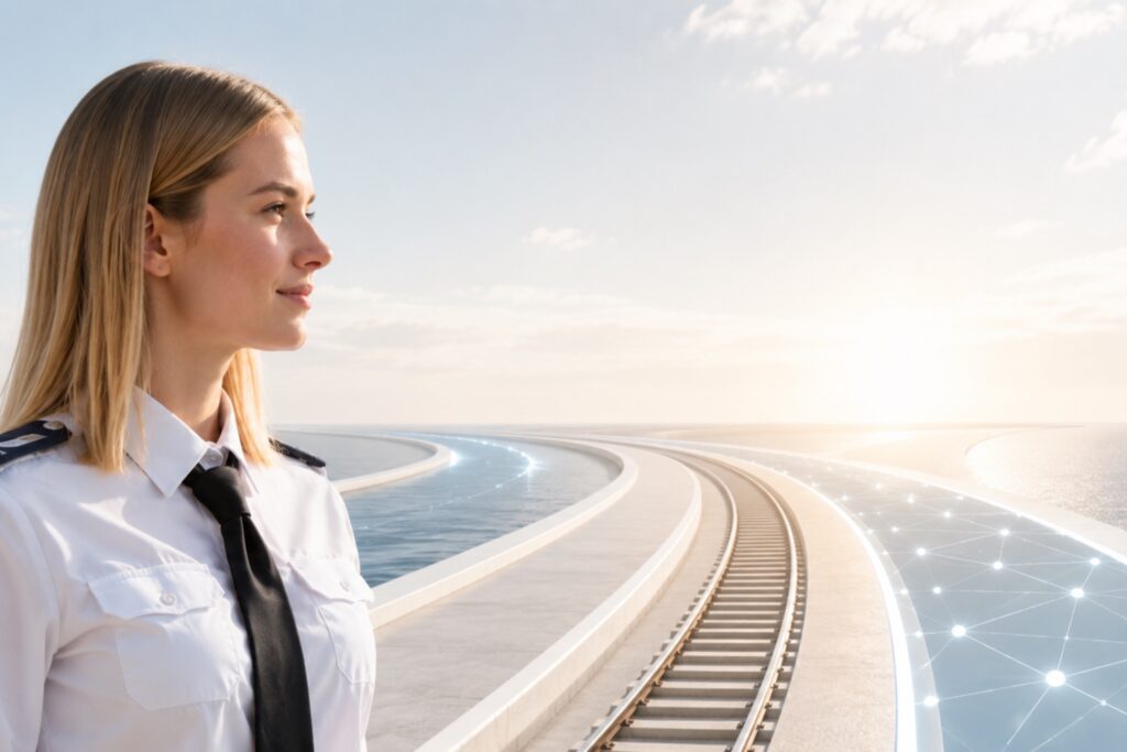 Studentessa dell'Accademia Nautica dell'Adriatico immagina il proprio futuro, tra mare, rotaie e innovazione. Foto creata con il supporto dell'intelligenza artificiale