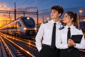 due studenti dell'accademia nautica dell'adriatico in posa davanti a una ferrovia con un treno in arrivo