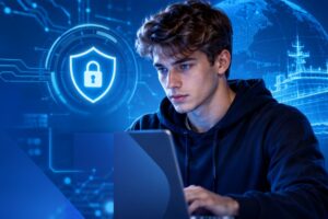 Ragazzo davanti al computer. sullo sfondo c'è uno scudo digitale che rappresenta simbolicamente il concetto di sicurezza informatica